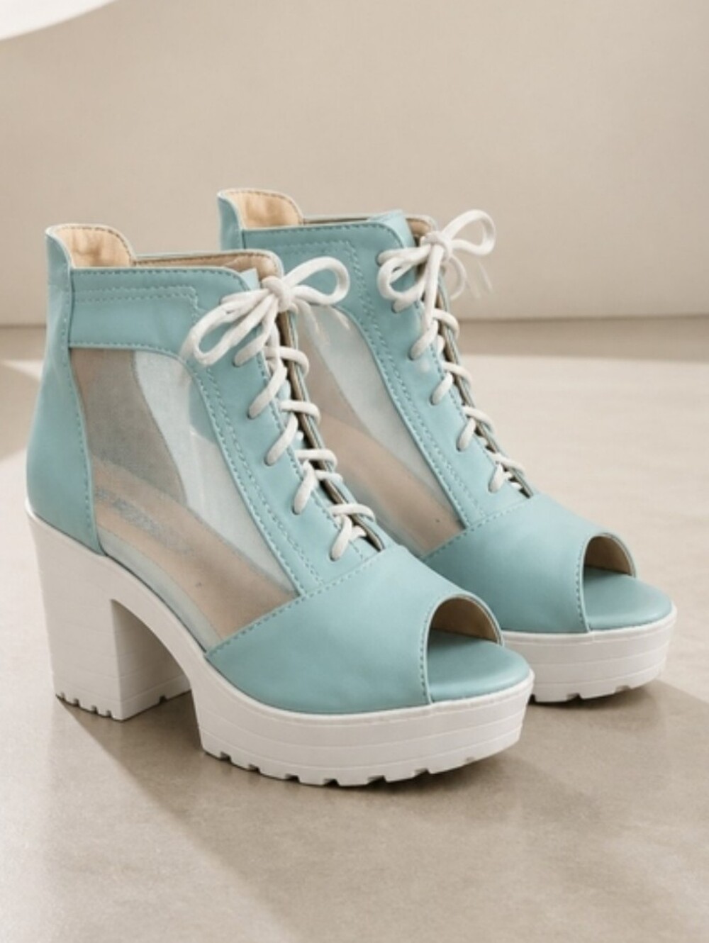 Wet Seal Platform Booties Lace-Up Open-Toe Chunky Heel Sandals in Soft Blue 6.5